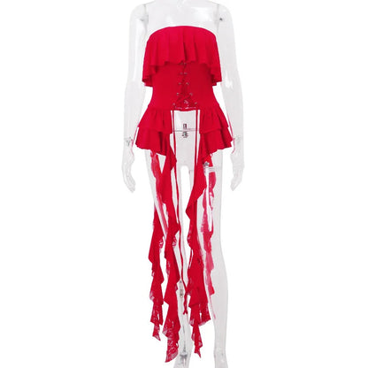 Red Ruffled Lace Charming Up Tube Top