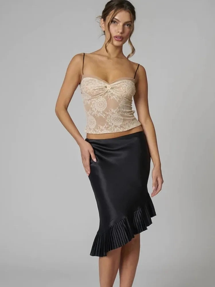 Satin Pleated Stylish Trim Midi Skirt