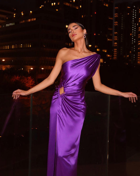 Purple One Shoulder Satin Graceful Hollow Cut Maxi Dress