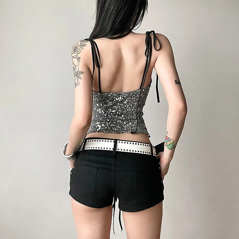 Sequin Silver Cut Out Graceful Tie Up Strappy Top