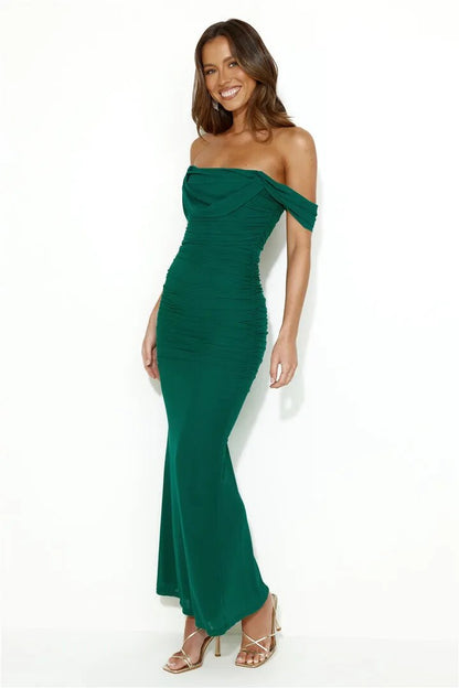 Mesh Ruched Off-Shoulder Charming Bodycon Maxi Dress