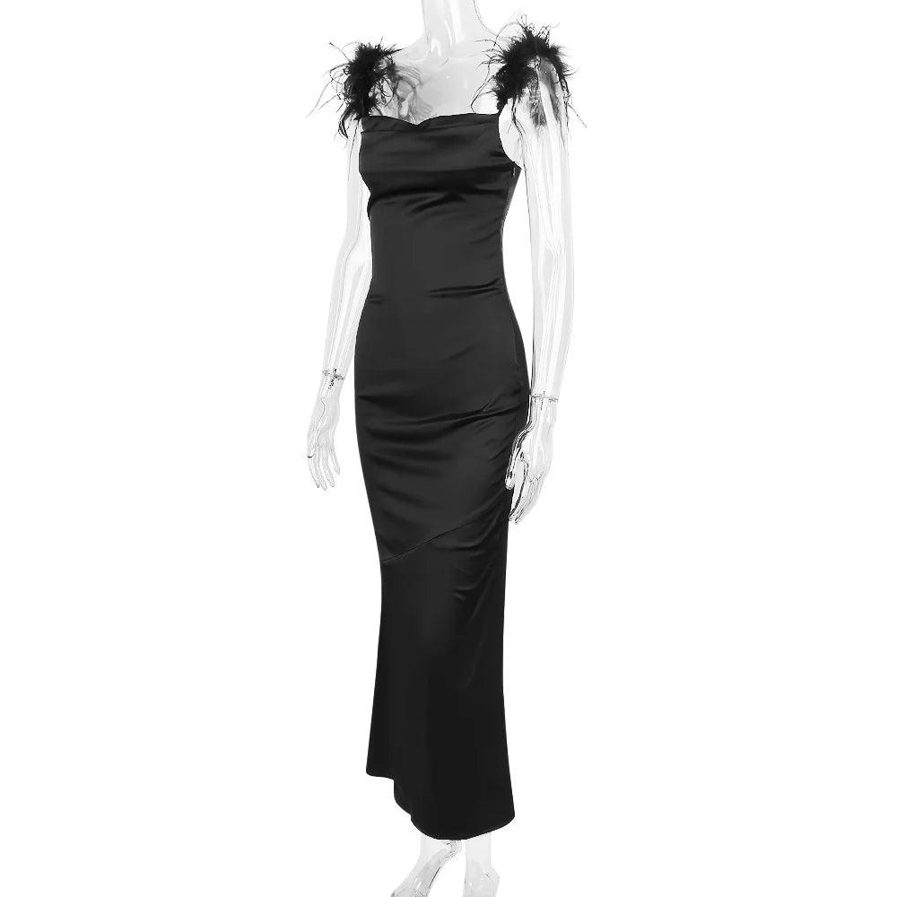 Black Satin Feather Charming Strap Maxi Dress