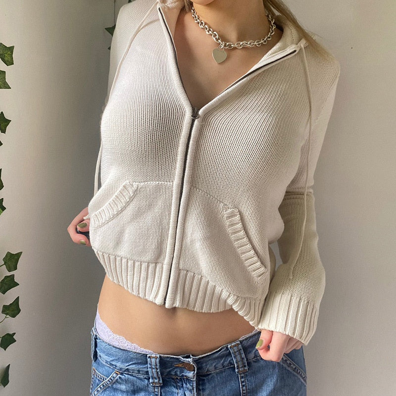 Sweatshirts Hoodies Zip-up Women鈥檚 Long Cardigan Solid Knit Y2K Color Drawstring Casual Sweaters Arm Clothing