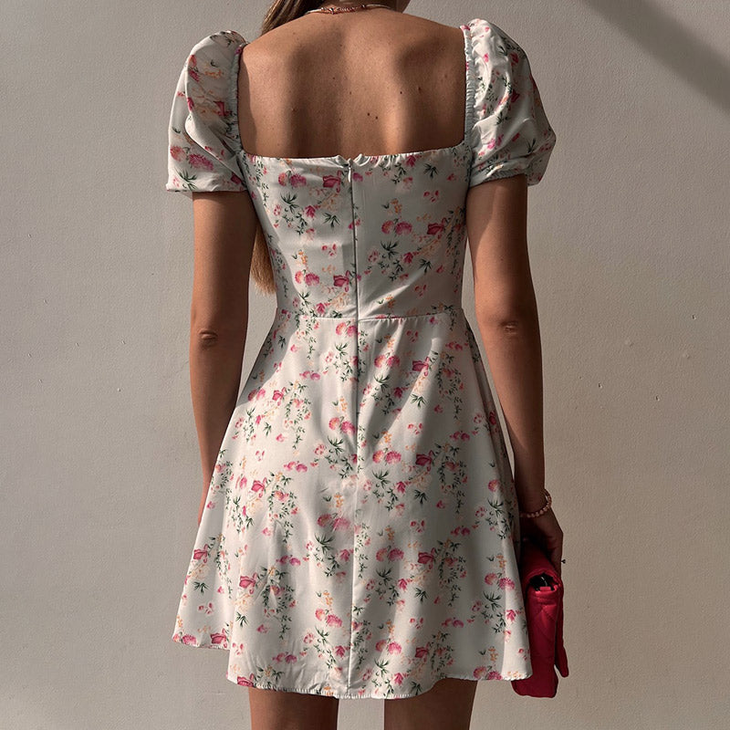 Waist Arm A-Line Puff Women's V-Neck High Flowered Dress