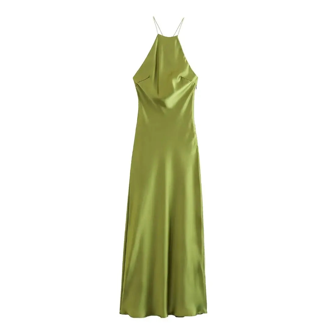 Satin Halter Stylish Backless Maxi Dress