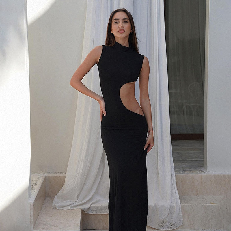 Black Mock Neck Tank Graceful Side Cut Out Maxi Dress