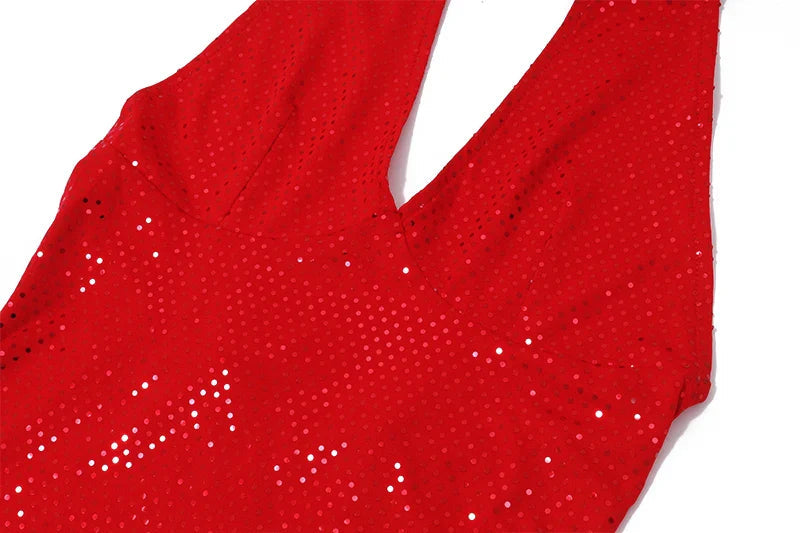 Red Sequin Deep V-neck Graceful Halter Bandage Mini Dress