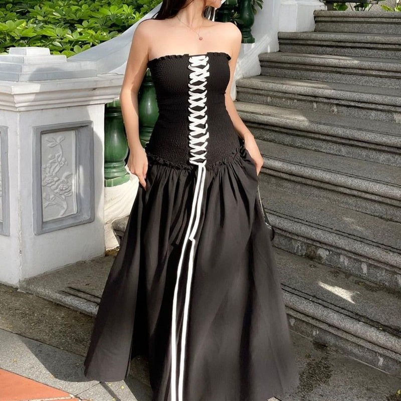 Black Tube Ruched Charming Lace Up Maxi Dress