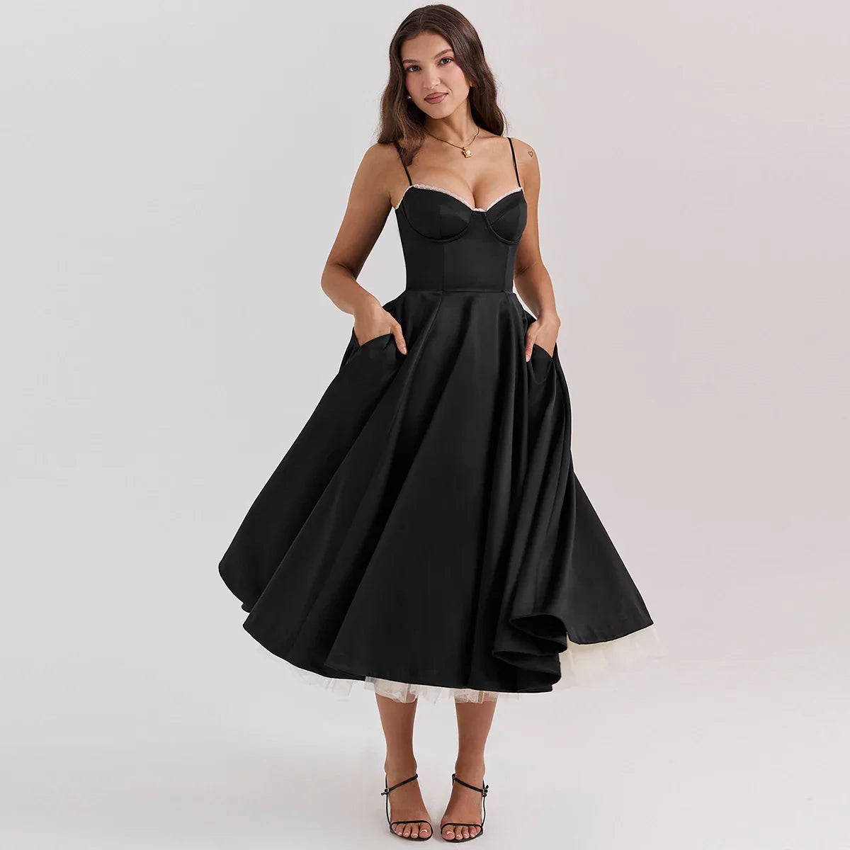 Satin Tulle Flare Charming Strap Cupped Midi Dress