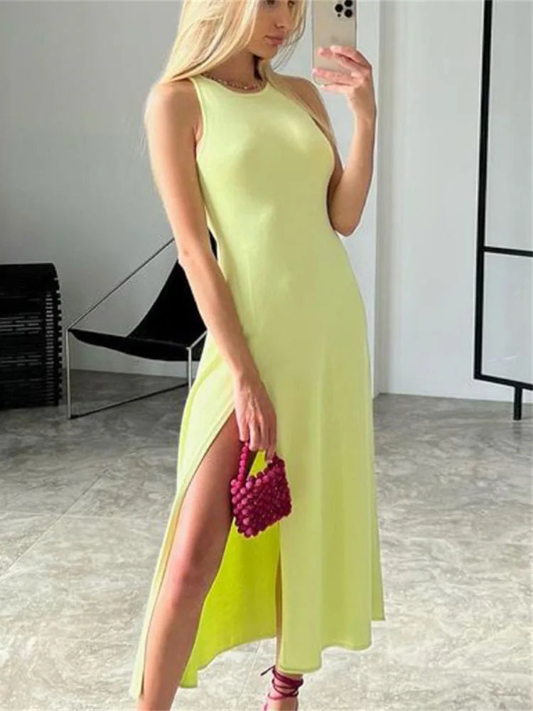 Ribbed Slit Stylish Sleeveless Midi Dress