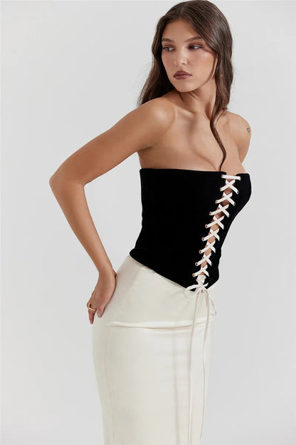 Black Lace Up Tube Top Trendy And White Satin Midi Skirt Set