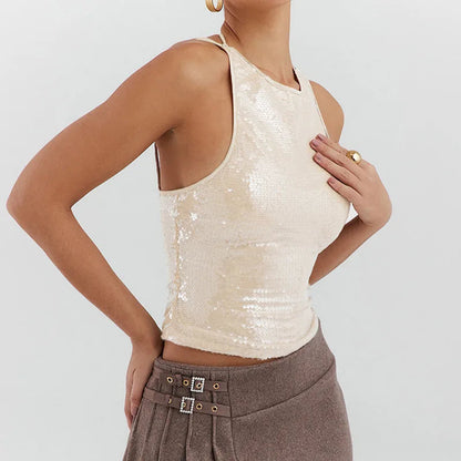 Beige Sequin Stylish Tank Top