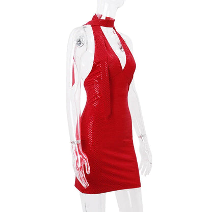 Red Sequin Deep V-neck Graceful Halter Bandage Mini Dress