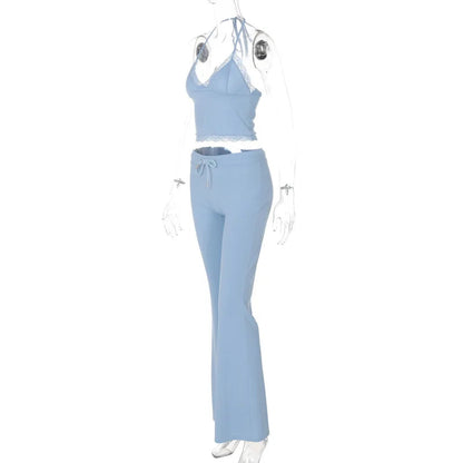 Blue Halter Crop Top Graceful And Flare Pants Set