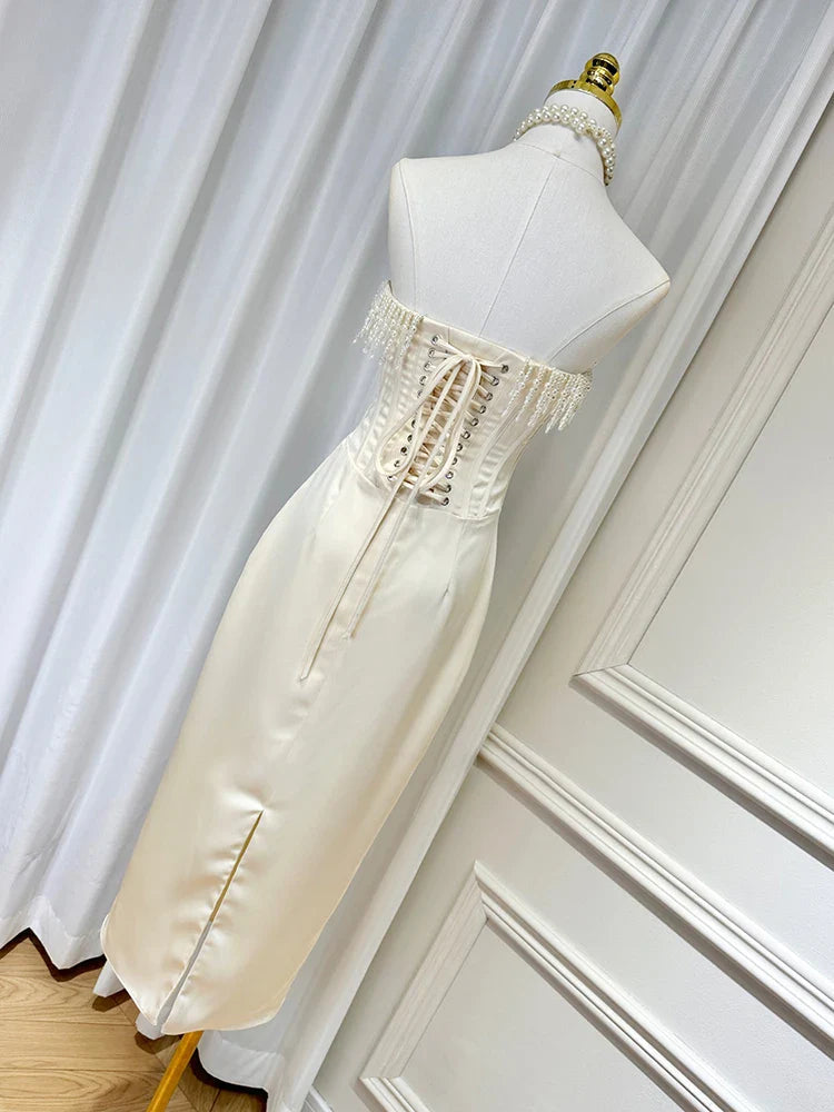 Satin Pearl Tassel Charming Corset Tube Midi Dress