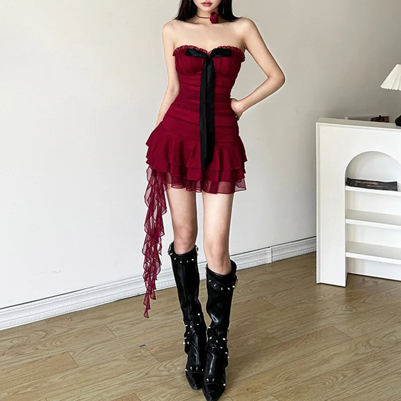 Red Tube Ruched Charming Bow Mini Dress