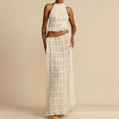 Ruched Halter White Top Graceful And Maxi Skirt Set