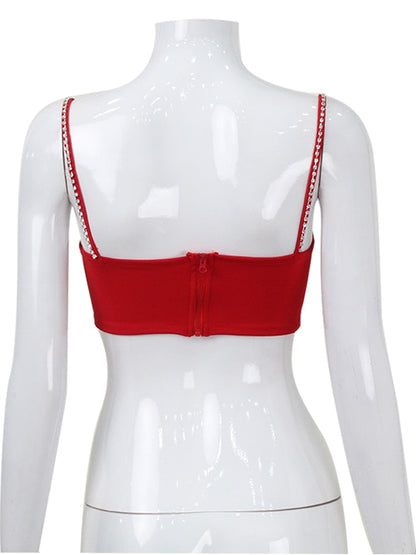 Red Heart Cut Out Graceful Rhinestone Strap Crop Top