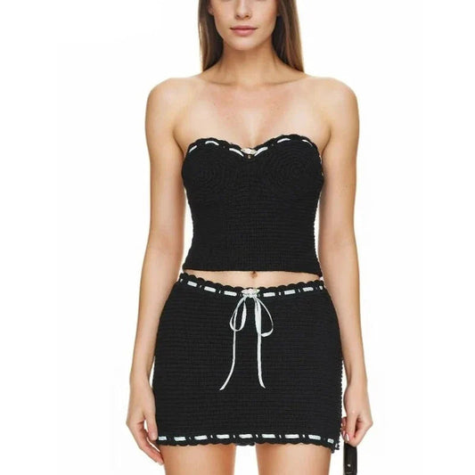 Black Crochet Drawstring Crop Graceful Top And Mini Skirt Set