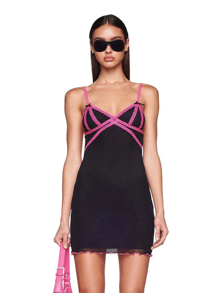 Black Cami Pink Charming Lace Trim Mini Dress