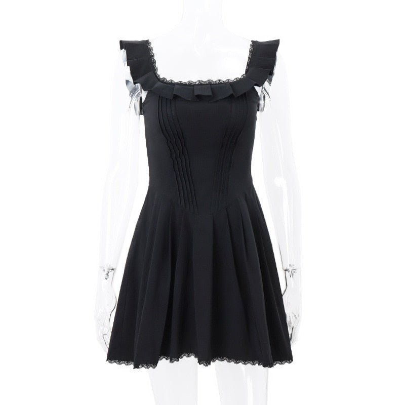 Black Corset Square Neck Graceful Frill Strap Mini Dress