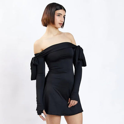 Black Off-shoulder Bow Charming Long Sleeve Mini Dress