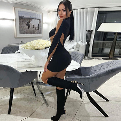 Black Patchwork Mesh Long Graceful Sleeve Bodycon Mini Dress