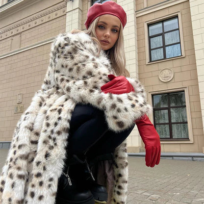 Long Belted Leopard Charming Faux Fur Coat