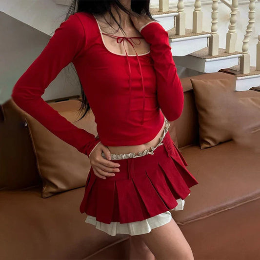 Red Long Sleeve Top Graceful And Pleated Mini Skirt Set