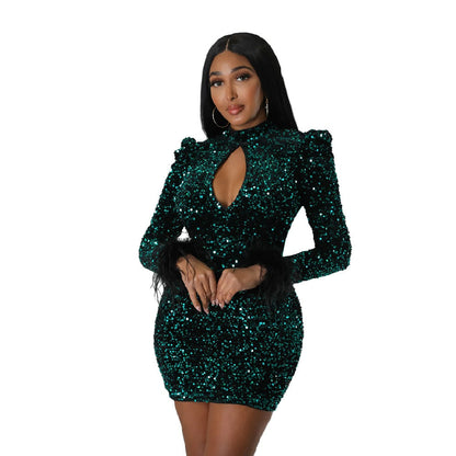 Sequin Feathers Full Sleeve Slim Classic Boydcon Party Night Clubwear Dress