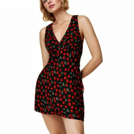 Black Cherry Print Charming Halter Mini Dress