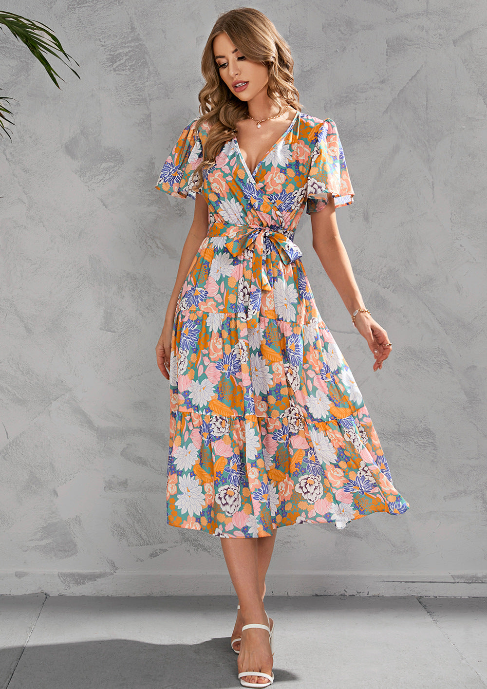 Women's Summer Floral V-Neck Short Sleeve Dress with Belt - Chiffon Mid-Length Boho Beach Sundress