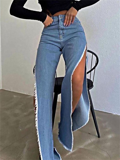 Warm-Season Y2K Cargo Split Black Long Leg Waisted Side Out Wide Pants Loose Women's High Streetwear Casual Baggy Jeans