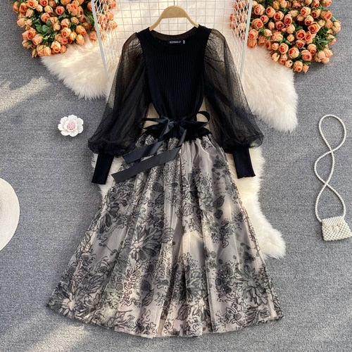 Vintage Gown Printing Round Puff Gown Ladies Bandage Knitted A Party Neck Mesh Arm Stitching Elegant Women's Line Dress