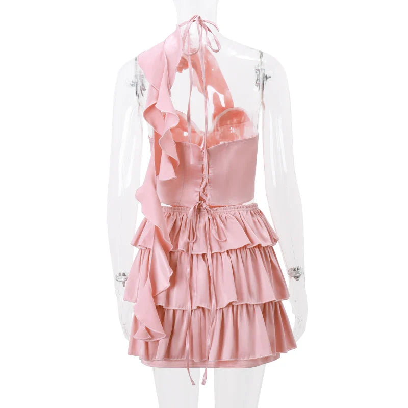 Satin Pink Corset Top Graceful And Ruffles Mini Skirt Set