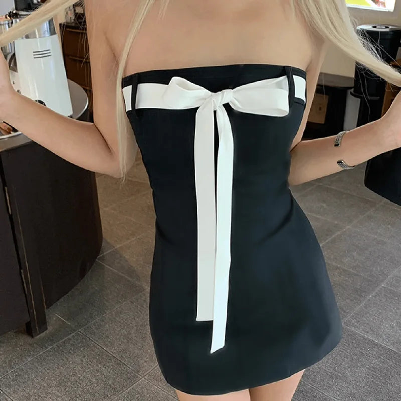 Black Tube White Charming Bow Mini Dress