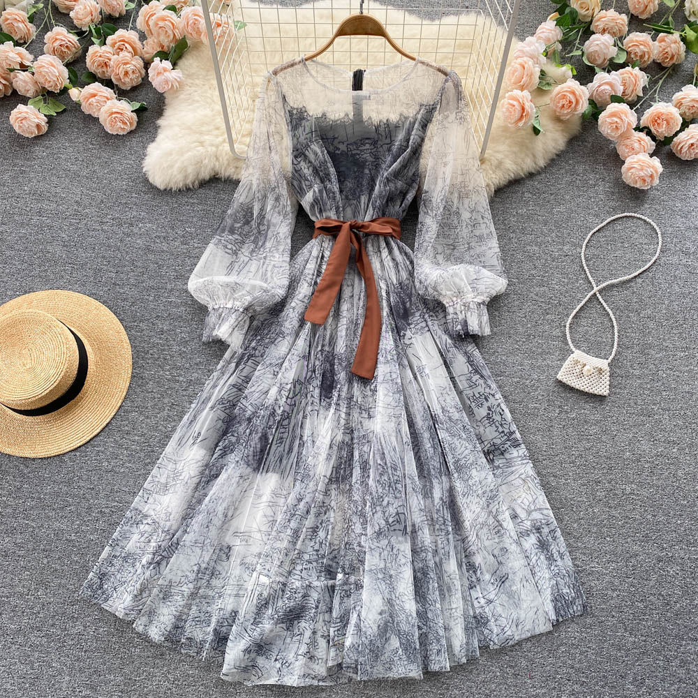 Summer and Bandage for Dresses Women Elegant Spring Vintage Gown Line and Coastal featuring Sleeves Patterned Patchwork Lantern Mesh with and A Party Dress