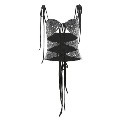 Sequin Silver Cut Out Graceful Tie Up Strappy Top