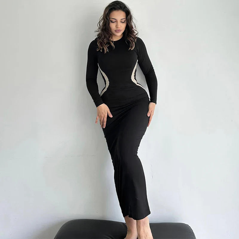 Black Long Sleeve Charming Contrast Strap Maxi Dress