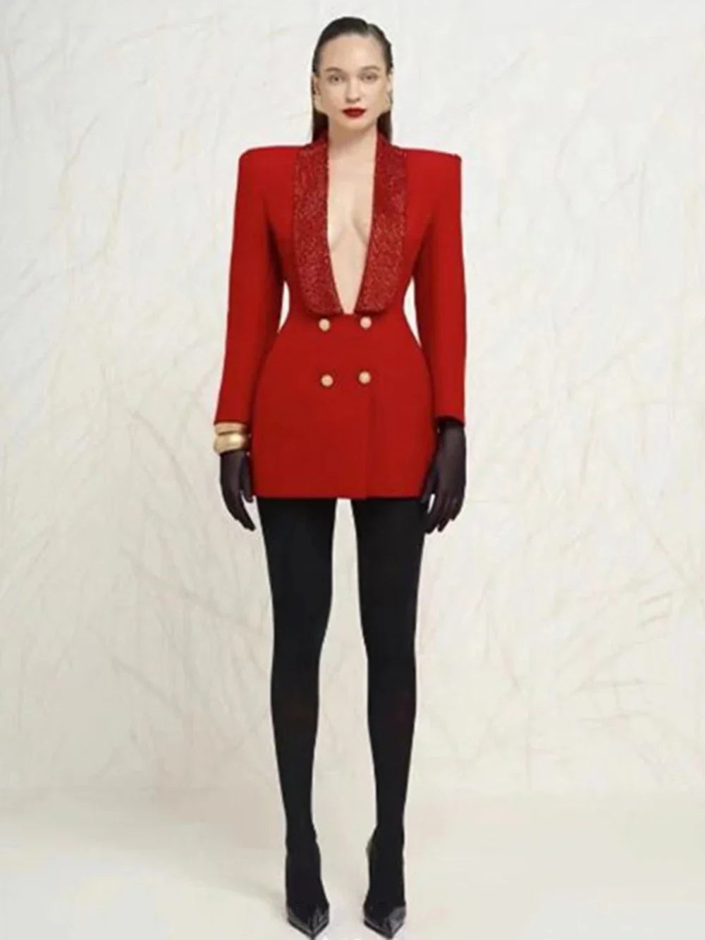 Red Sequin Collar Charming Open Back Blazer Dress