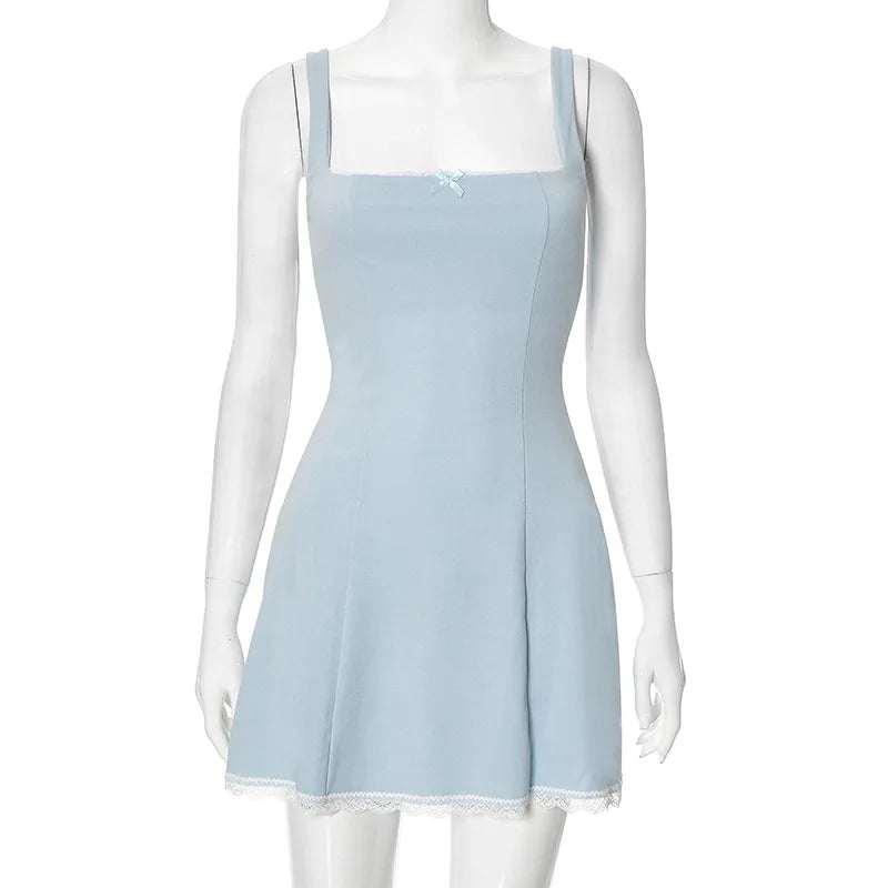 Blue Square Neck Charming Strap Mini Dress