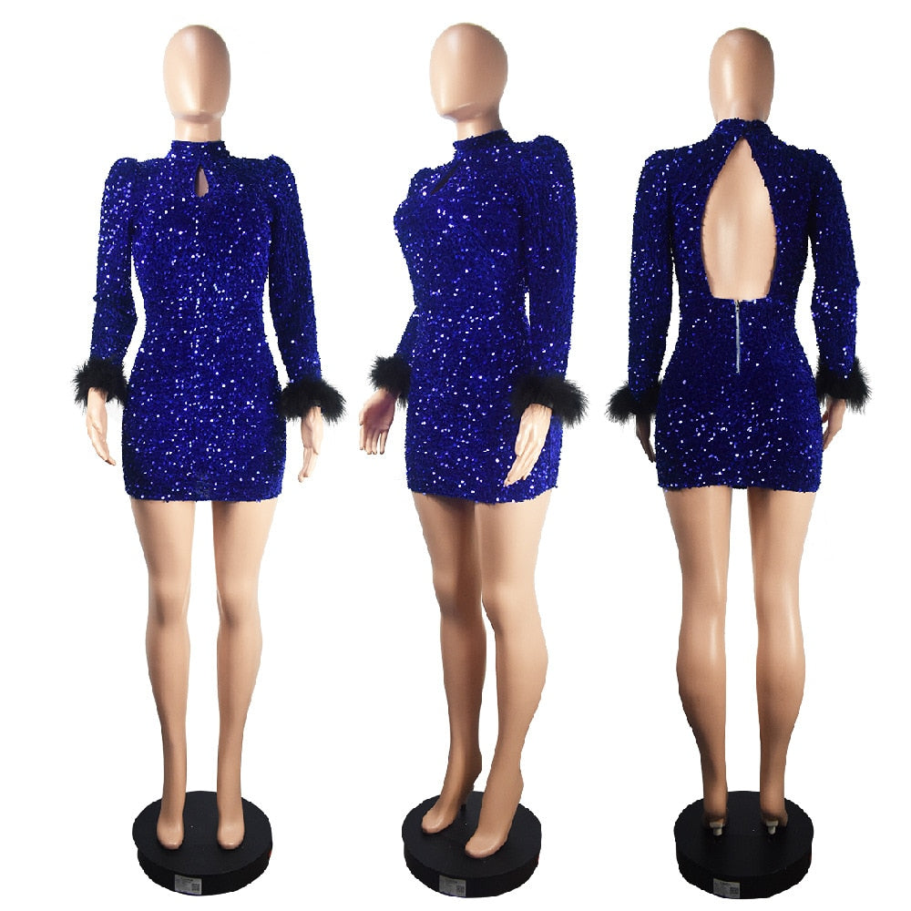 Sequin Feathers Full Sleeve Slim Classic Boydcon Party Night Clubwear Dress