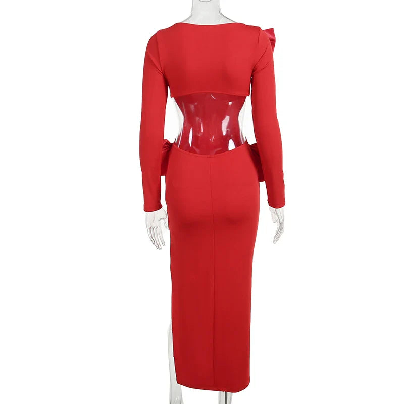 Red Bow Hollow Out Graceful Back Long Sleeve Maxi Dress