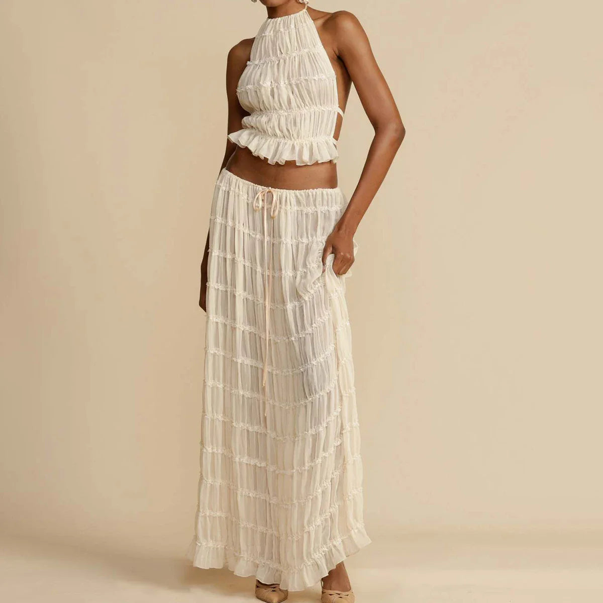 Ruched Halter White Top Graceful And Maxi Skirt Set