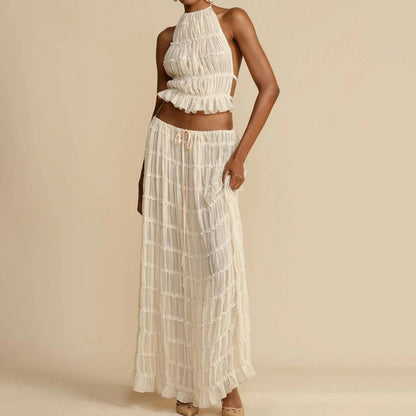 Ruched Halter White Top Graceful And Maxi Skirt Set