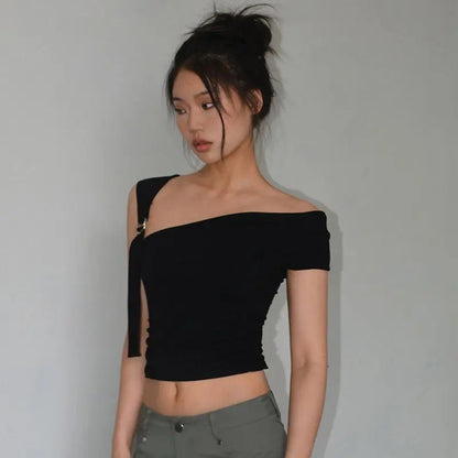 Asymmetric Strap Buckle Charming Sleeve Crop Top