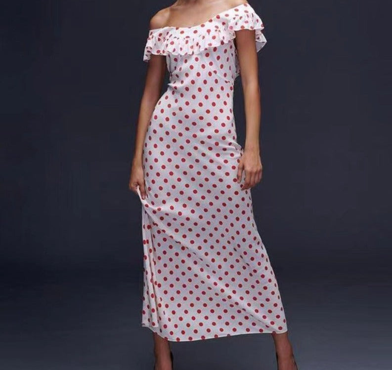 Red Polka Dot Charming Off Shoulder Maxi Dress