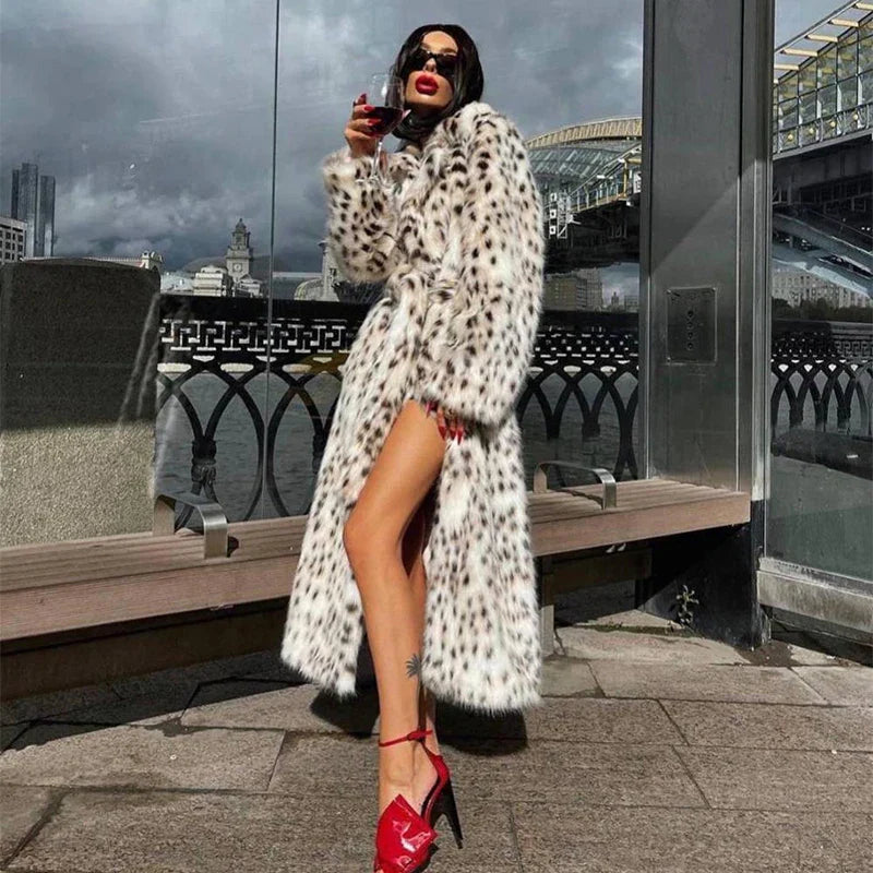 Long Belted Leopard Charming Faux Fur Coat