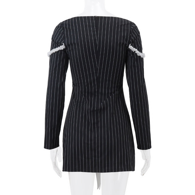 Black Stripe Long Charming Sleeve Bow Mini Dress