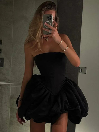 Black Ballon Puff Charming Tube Mini Dress